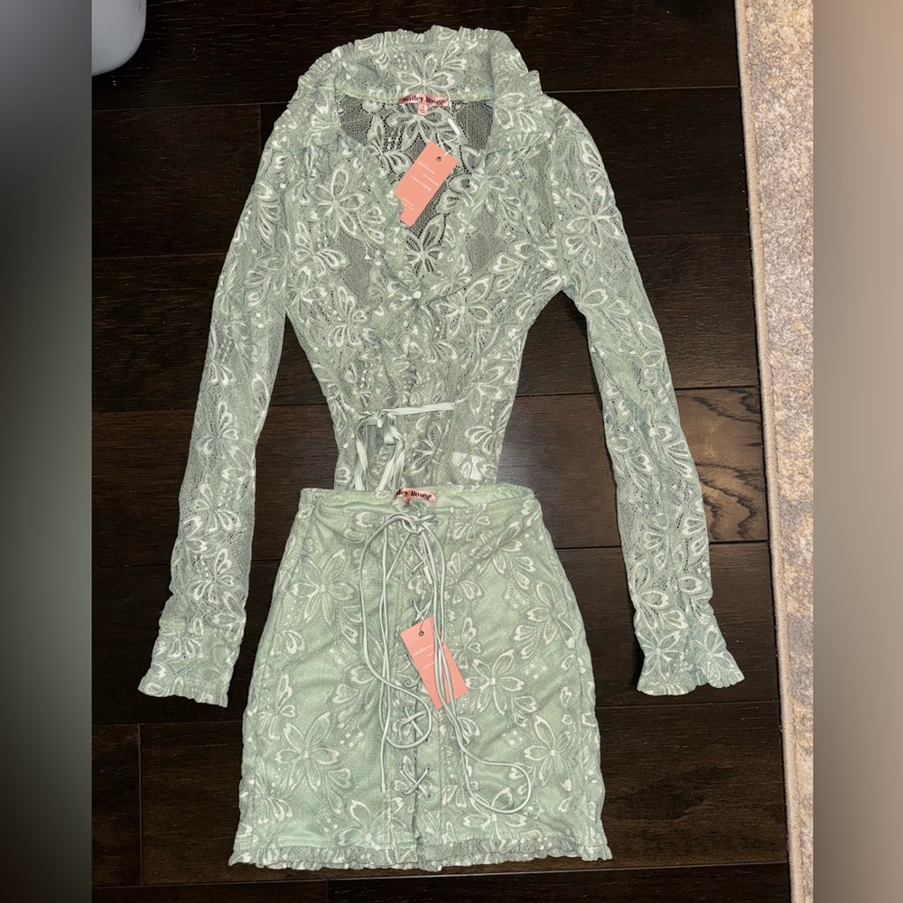 Women's Light Sage skirt set with Floral Embroidery